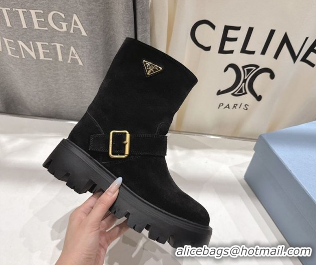 Grade Quality Prada Suede Platform Booties 5cm with Buckle Black 2025 1U187O 1027067