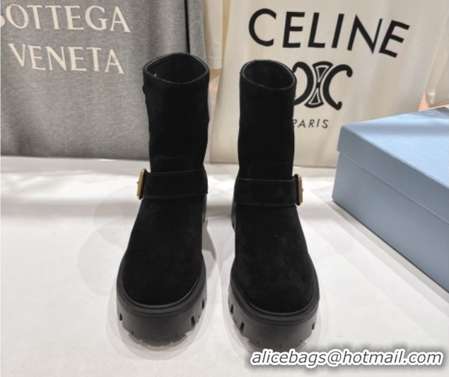 Grade Quality Prada Suede Platform Booties 5cm with Buckle Black 2025 1U187O 1027067