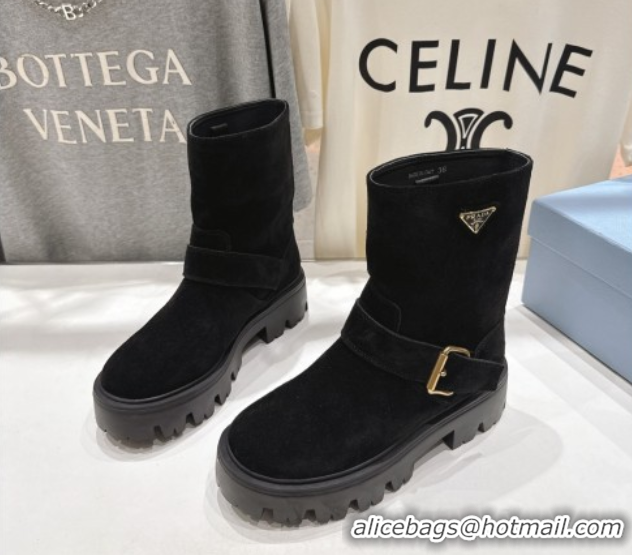 Grade Quality Prada Suede Platform Booties 5cm with Buckle Black 2025 1U187O 1027067