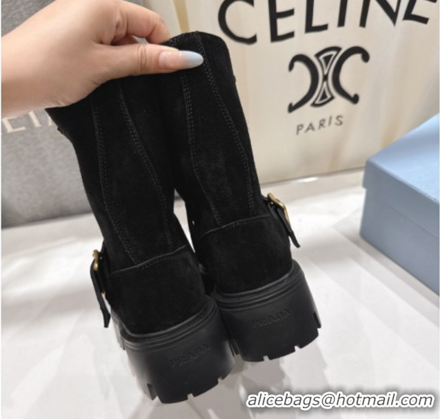 Grade Quality Prada Suede Platform Booties 5cm with Buckle Black 2025 1U187O 1027067