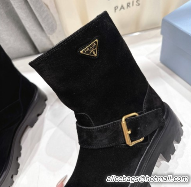 Grade Quality Prada Suede Platform Booties 5cm with Buckle Black 2025 1U187O 1027067
