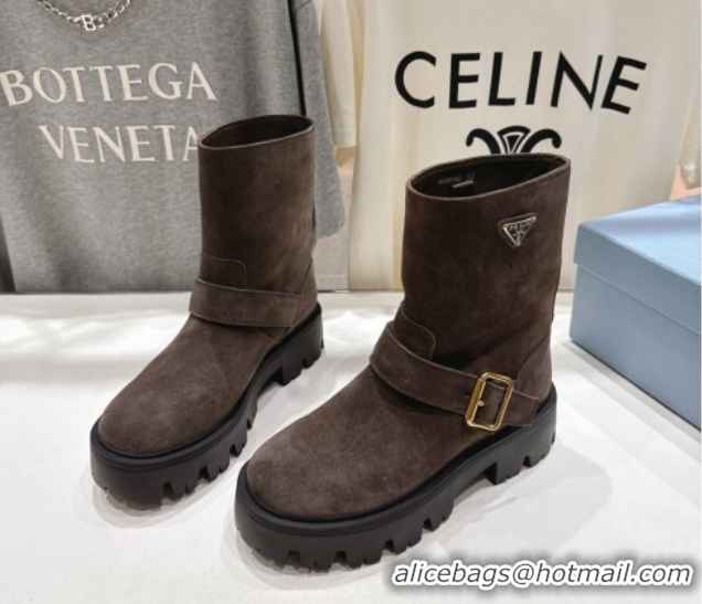Duplicate Prada Suede Platform Booties 5cm with Buckle Dark Brown 2025 1U187O 1027068