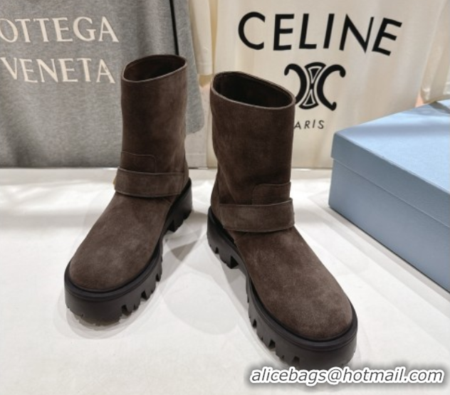 Duplicate Prada Suede Platform Booties 5cm with Buckle Dark Brown 2025 1U187O 1027068