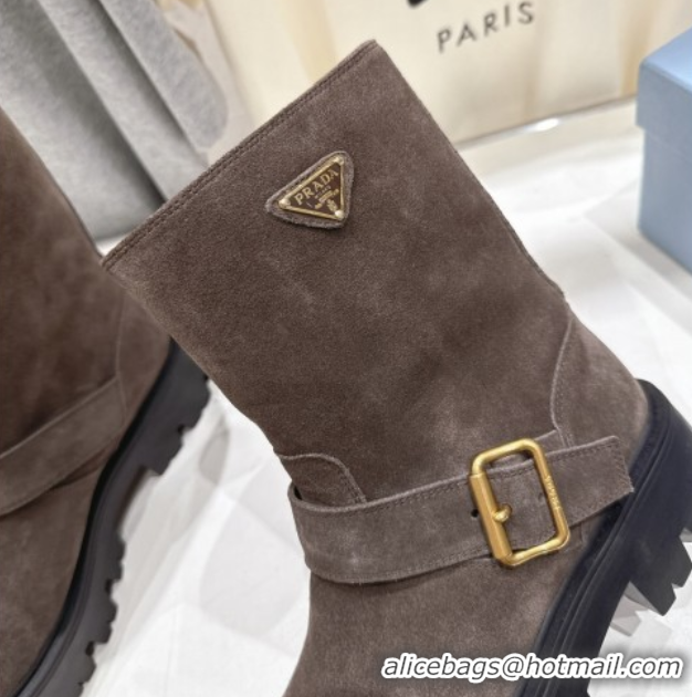 Duplicate Prada Suede Platform Booties 5cm with Buckle Dark Brown 2025 1U187O 1027068