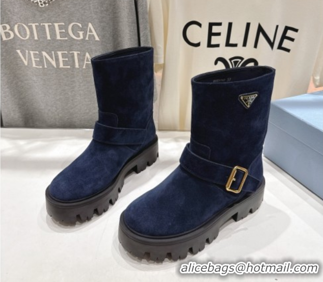 Sumptuous Prada Suede Platform Booties 5cm with Buckle Blue 2025 1U187O 1027069
