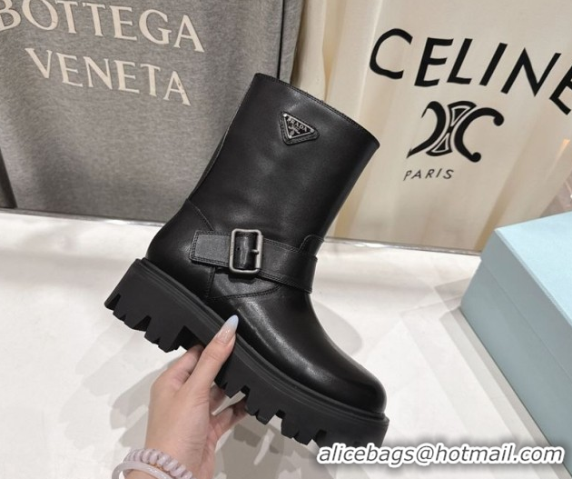 Stylish Prada Leather Platform Booties 5cm with Buckle Black 2025 1U187O 1027070