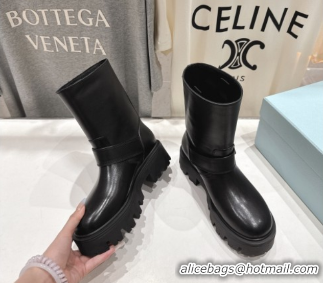 Stylish Prada Leather Platform Booties 5cm with Buckle Black 2025 1U187O 1027070