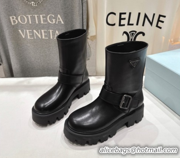 Stylish Prada Leather Platform Booties 5cm with Buckle Black 2025 1U187O 1027070
