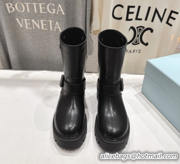 Stylish Prada Leather Platform Booties 5cm with Buckle Black 2025 1U187O 1027070