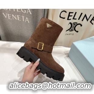 Classic Hot Prada Suede Platform Booties 5cm with Buckle Brown2 2025 1U187O 1027071