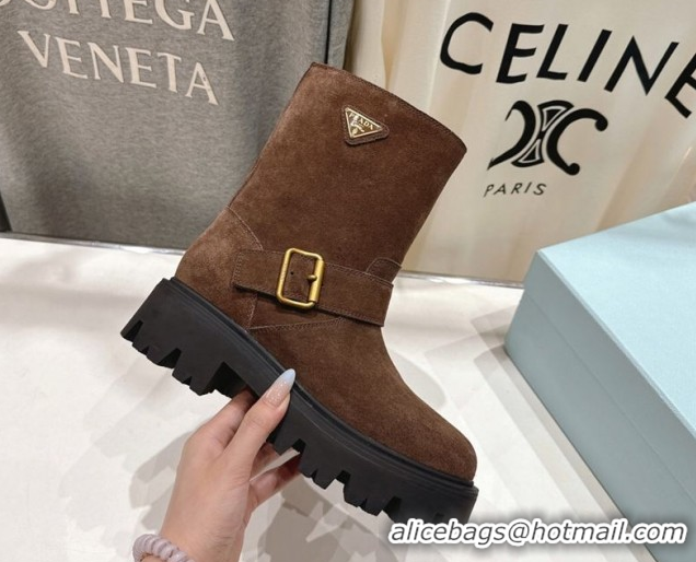 Classic Hot Prada Suede Platform Booties 5cm with Buckle Brown2 2025 1U187O 1027071