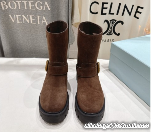 Classic Hot Prada Suede Platform Booties 5cm with Buckle Brown2 2025 1U187O 1027071