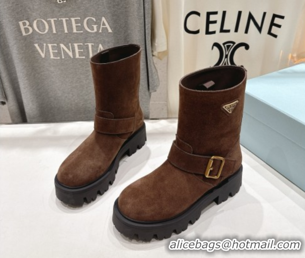 Classic Hot Prada Suede Platform Booties 5cm with Buckle Brown2 2025 1U187O 1027071