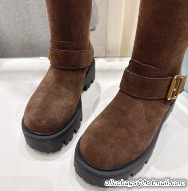 Classic Hot Prada Suede Platform Booties 5cm with Buckle Brown2 2025 1U187O 1027071