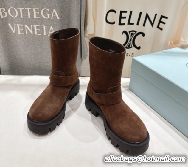 Classic Hot Prada Suede Platform Booties 5cm with Buckle Brown2 2025 1U187O 1027071