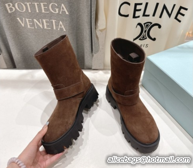 Classic Hot Prada Suede Platform Booties 5cm with Buckle Brown2 2025 1U187O 1027071