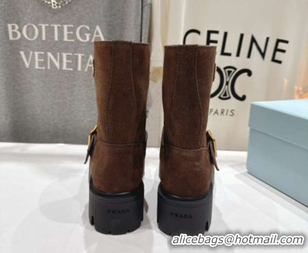 Classic Hot Prada Suede Platform Booties 5cm with Buckle Brown2 2025 1U187O 1027071