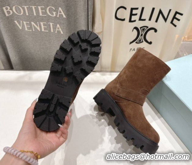 Classic Hot Prada Suede Platform Booties 5cm with Buckle Brown2 2025 1U187O 1027071