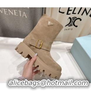 Popular Style Prada Suede Platform Booties 5cm with Buckle Beige 2025 1U187O 1027072