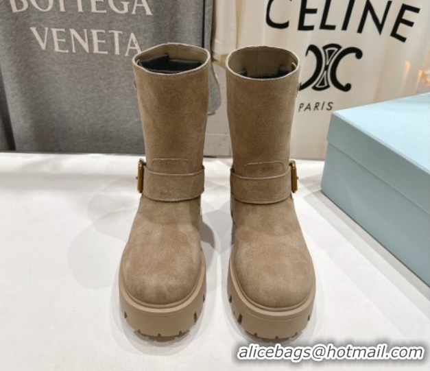 Popular Style Prada Suede Platform Booties 5cm with Buckle Beige 2025 1U187O 1027072