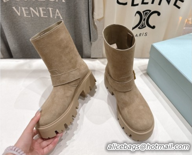 Popular Style Prada Suede Platform Booties 5cm with Buckle Beige 2025 1U187O 1027072