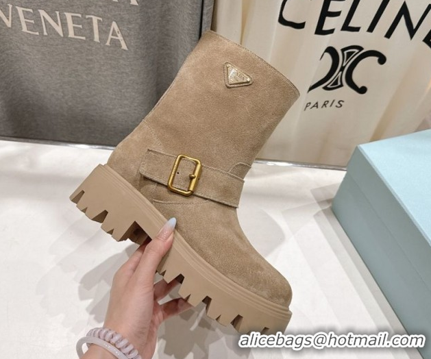 Popular Style Prada Suede Platform Booties 5cm with Buckle Beige 2025 1U187O 1027072