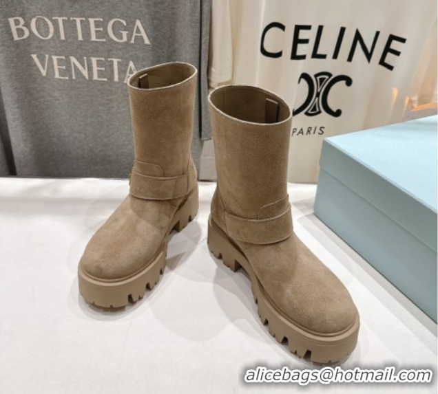 Popular Style Prada Suede Platform Booties 5cm with Buckle Beige 2025 1U187O 1027072
