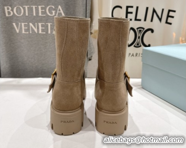 Popular Style Prada Suede Platform Booties 5cm with Buckle Beige 2025 1U187O 1027072