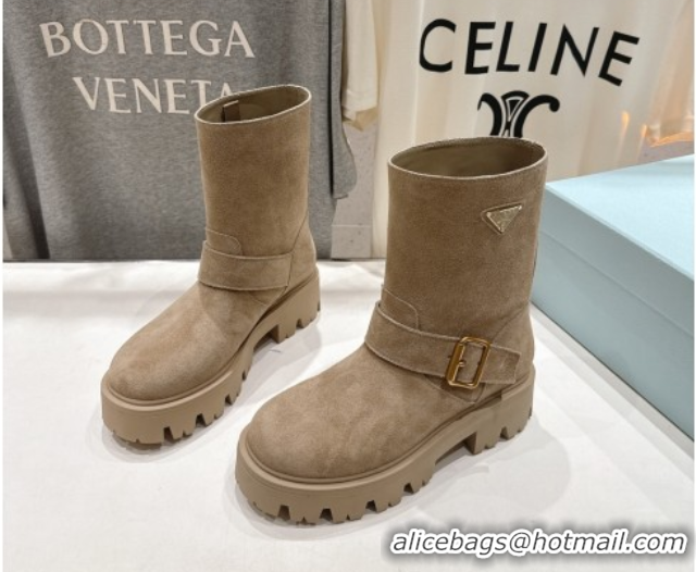 Popular Style Prada Suede Platform Booties 5cm with Buckle Beige 2025 1U187O 1027072