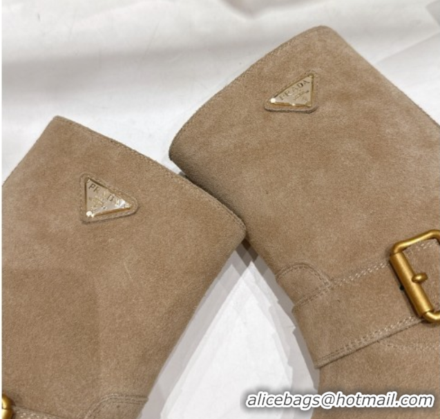 Popular Style Prada Suede Platform Booties 5cm with Buckle Beige 2025 1U187O 1027072
