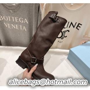 Low Price Prada Leather Flat High Boots with Buckle Brown 2025 PR102703 1027073