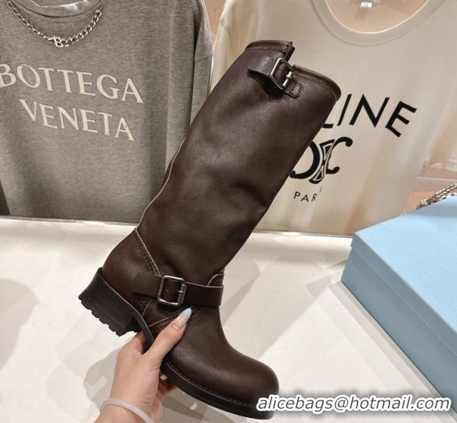 Low Price Prada Leather Flat High Boots with Buckle Brown 2025 PR102703 1027073