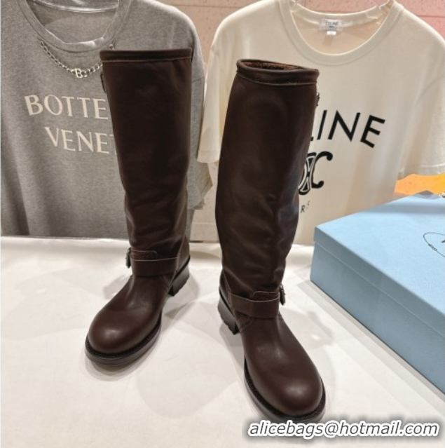 Low Price Prada Leather Flat High Boots with Buckle Brown 2025 PR102703 1027073