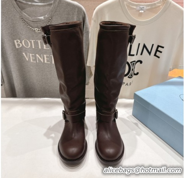 Low Price Prada Leather Flat High Boots with Buckle Brown 2025 PR102703 1027073