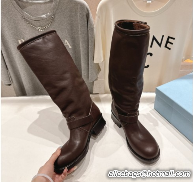 Low Price Prada Leather Flat High Boots with Buckle Brown 2025 PR102703 1027073