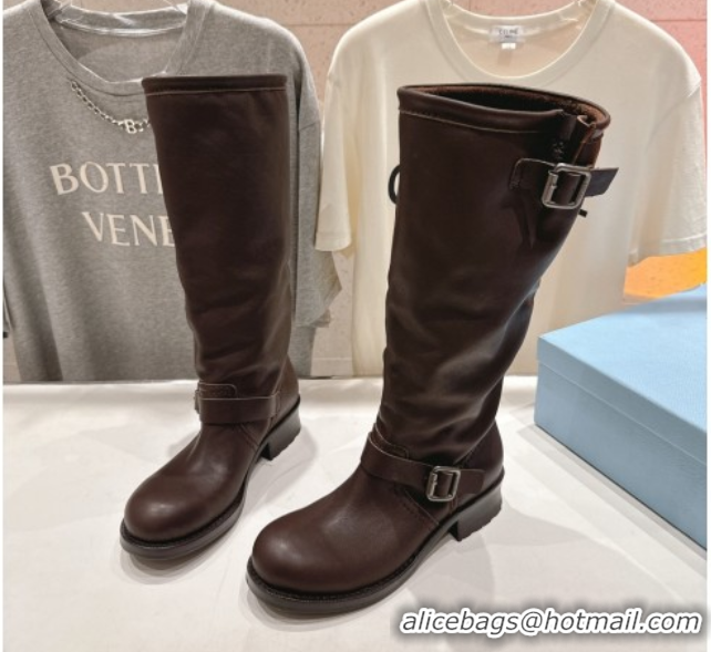 Low Price Prada Leather Flat High Boots with Buckle Brown 2025 PR102703 1027073