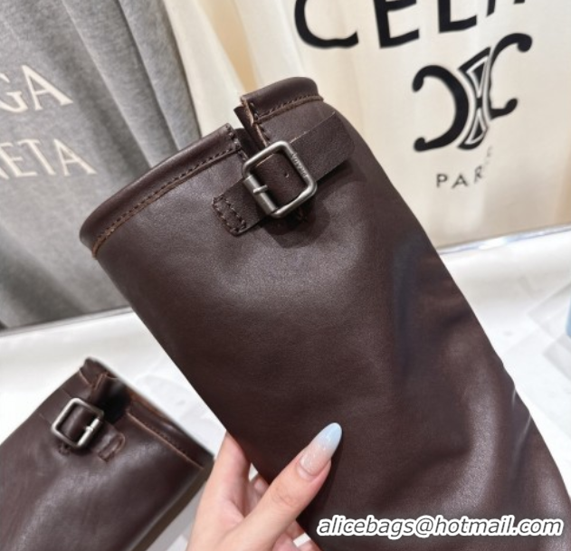 Low Price Prada Leather Flat High Boots with Buckle Brown 2025 PR102703 1027073