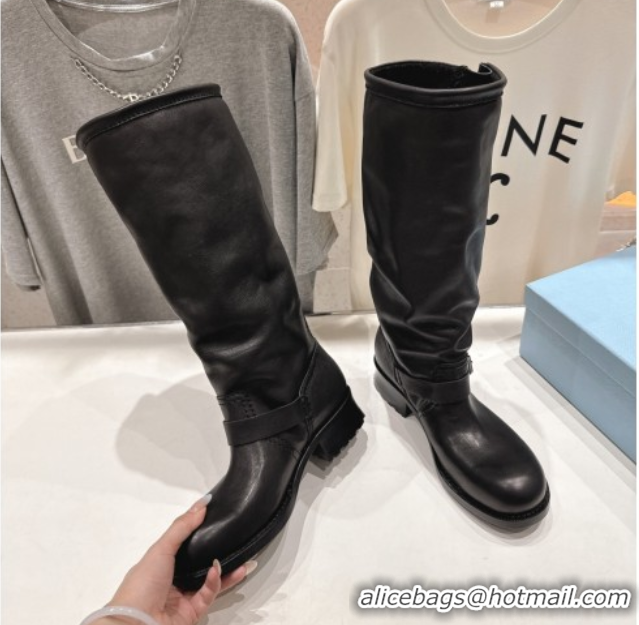 Best Grade Prada Leather Flat High Boots with Buckle Black 2025 PR102703 1027074