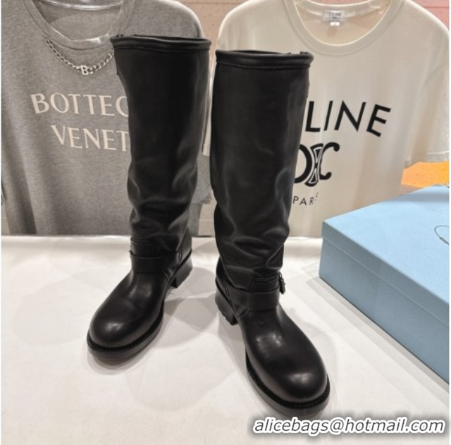 Best Grade Prada Leather Flat High Boots with Buckle Black 2025 PR102703 1027074