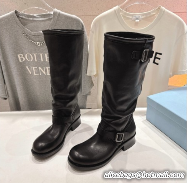 Best Grade Prada Leather Flat High Boots with Buckle Black 2025 PR102703 1027074