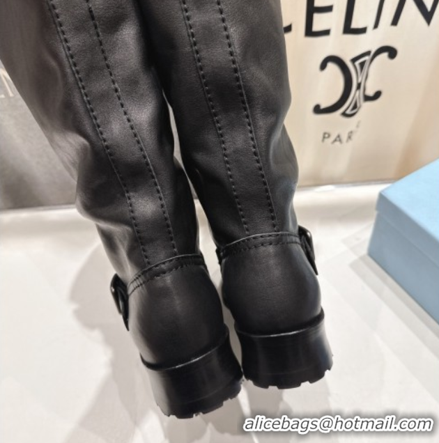 Best Grade Prada Leather Flat High Boots with Buckle Black 2025 PR102703 1027074