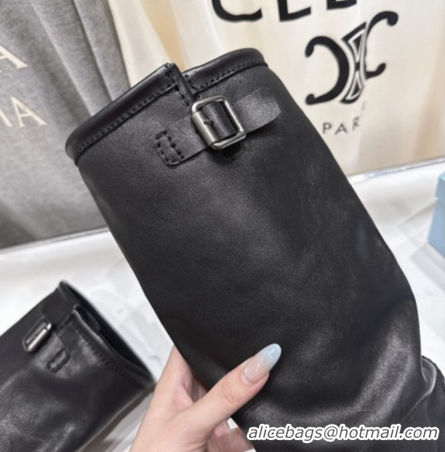 Best Grade Prada Leather Flat High Boots with Buckle Black 2025 PR102703 1027074