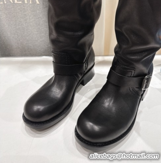 Best Grade Prada Leather Flat High Boots with Buckle Black 2025 PR102703 1027074