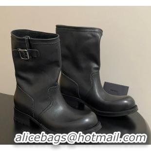 Top Design Prada Leather Heel Ankle Boots 4cm with Buckle Black 2025 PR102704 1027075 