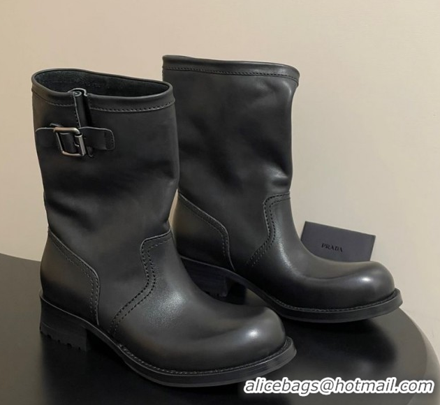 Top Design Prada Leather Heel Ankle Boots 4cm with Buckle Black 2025 PR102704 1027075 