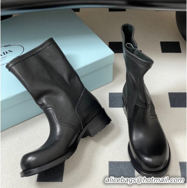 Top Design Prada Leather Heel Ankle Boots 4cm with Buckle Black 2025 PR102704 1027075 