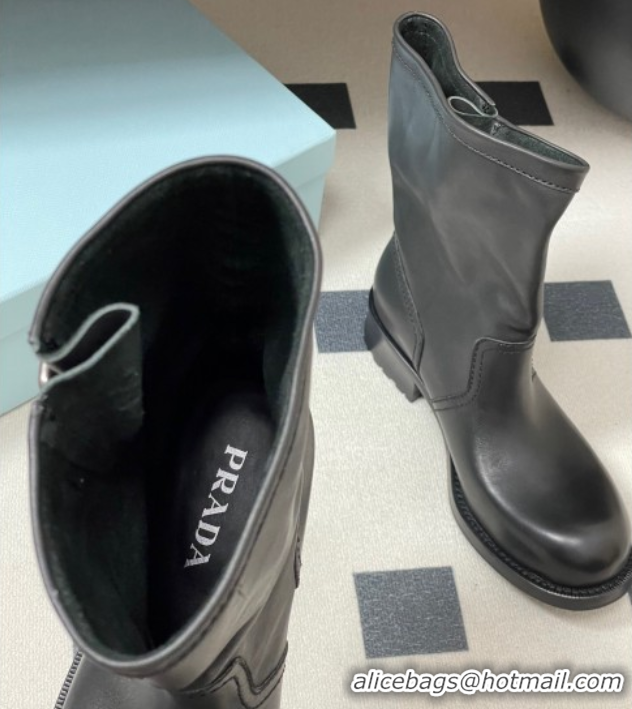 Top Design Prada Leather Heel Ankle Boots 4cm with Buckle Black 2025 PR102704 1027075 