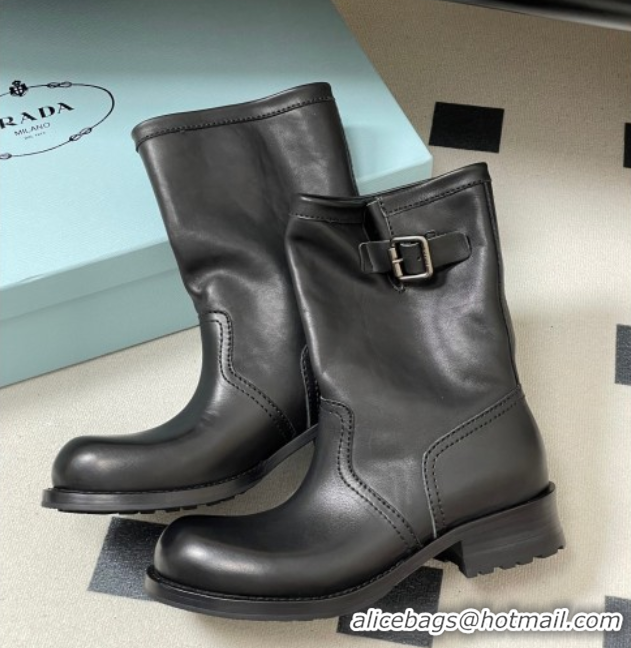 Top Design Prada Leather Heel Ankle Boots 4cm with Buckle Black 2025 PR102704 1027075 