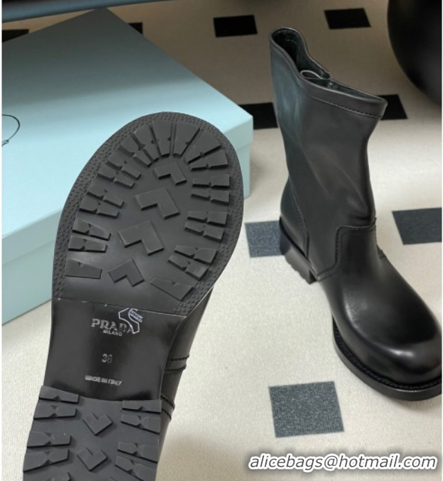 Top Design Prada Leather Heel Ankle Boots 4cm with Buckle Black 2025 PR102704 1027075 