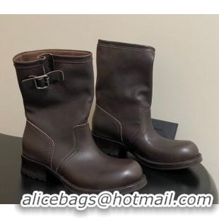 Top Grade Prada Leather Heel Ankle Boots 4cm with Buckle Brown 2025 PR102704 1027076